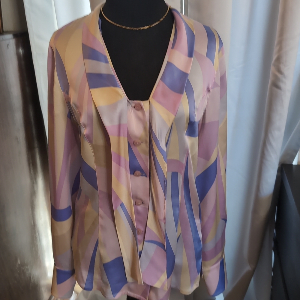 Escada Pastel Geometric Satin Button-Front Blouse